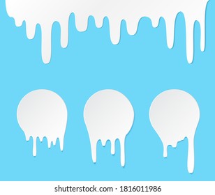 Melt drip and circle milk labels. Vector set liquid drops icons for graffiti blob stickers. White liquid or melted chocolate drips, milk, current paint