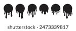 Melt drip circle silhouette paint round splash with drops, liquid shape, stain isolated on white background. Collection of Flowing fluid, slime or cream.