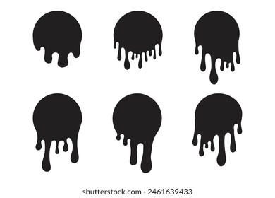 Melt drip circle silhouette paint round splash with drops, liquid shape, stain isolated on white background. Collection of Flowing fluid, slime or cream.