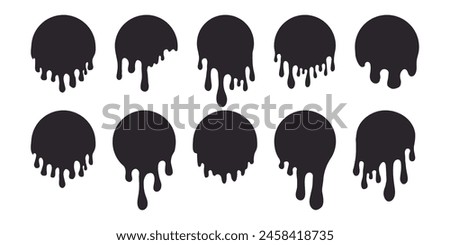 Melt drip circle silhouette paint round splash with drops, liquid shape, stain isolated on white background. Collection of Flowing fluid, slime or cream.