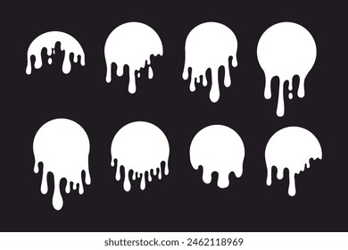Melt drip circle white paint round splash with drops, liquid shape, stain isolated on dark background. Flowing fluid, slime or cream.