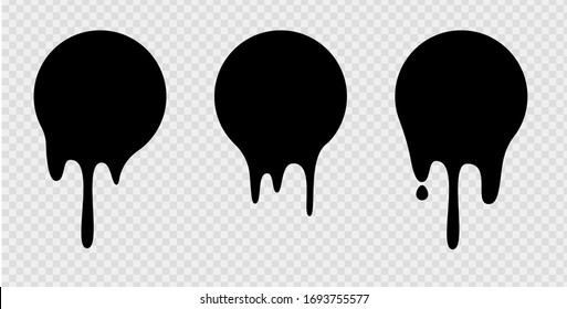 Melt drip stickers or circle labels. Vector liquid drops icons for graffiti blob stickers. Black liquid or melted chocolate drips, current paint