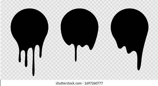 Melt drip stickers or circle labels. Vector liquid drops icons for graffiti blob stickers. Black liquid or melted chocolate drips, current paint