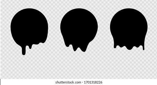 Melt drip stickers or circle labels. Vector liquid drops icons for graffiti blob stickers. Black liquid or melted chocolate drips, current paint
