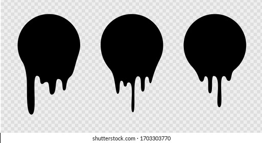 Pegatinas de goteo o etiquetas de círculo. El líquido vectorial lanza iconos para las pegatinas de los blobs. Lechones de chocolate con líquido negro o fundido, pintura actual