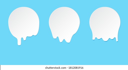 Pegatinas de goteo fundido o etiquetas de leche circular. El líquido vectorial desliza los iconos de los stickers del blob del graffiti. Lechones de chocolate, leche, pintura actual, líquidos blancos o derretidos