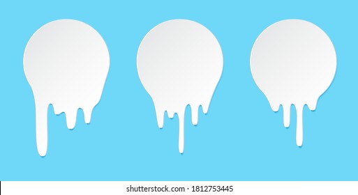 Pegatinas de goteo fundido o etiquetas de leche circular. El líquido vectorial desliza los iconos de los stickers del blob del graffiti. Lechones de chocolate, leche, pintura actual, líquidos blancos o derretidos