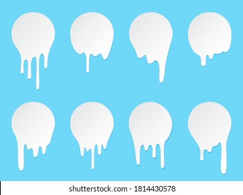 Melt drip stickers or circle milk labels. Vector liquid drops icons for graffiti blob stickers. White liquid or melted chocolate drips, milk, current paint
