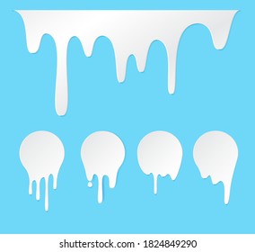 Melt drip stickers or circle milk labels. Vector liquid drops icons for graffiti blob stickers. White liquid or melted chocolate drips, milk, current paint