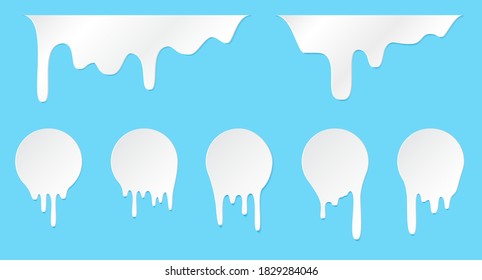 Melt drip stickers or circle milk labels. Vector liquid drops icons for graffiti blob stickers. White liquid or melted chocolate drips, milk, current paint