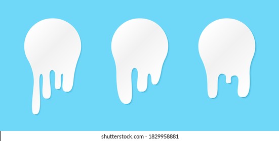Melt drip stickers or circle milk labels. Vector liquid drops icons for graffiti blob stickers. White liquid or melted chocolate drips, milk, current paint