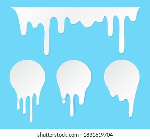 Melt drip stickers or circle milk labels. Vector liquid drops icons for graffiti blob stickers. White liquid or melted chocolate drips, milk, current paint