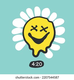 Melt emoji flower. Liquid smiling face. Time line 4:20. Vector illustration