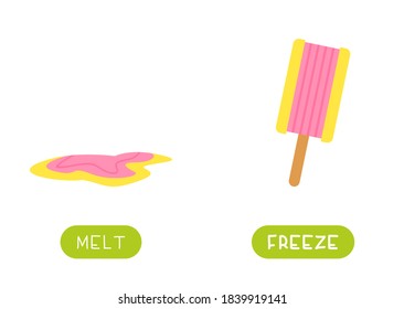 MELT and FREEZE antonyms word card vector template. Flashcard for english language learning. Opposites concept. Ice cream lolly, ice cream melted.