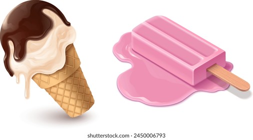 Melt ice cream cartoon summer icon isolated vector. Icecream ball with waffle and chocolate. Cute creative sundae melted set. Pink strawberry gelato food on floor. Funny stick dessert collection