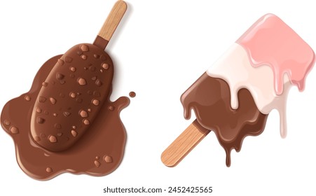 Melt ice cream summer icon cartoon vector design. Isolated tasty strawberry icecream with chocolate and nuts. Melted puddle of 3d gelato stick dessert on floor concept. Comic sundae fell on ground