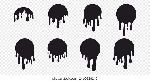 Pegatinas de círculo de goteo de pintura derretida, etiqueta. Salpicadura redonda con gotas, pegatinas de graffiti de forma líquida, mancha aislada en el fondo. Fluido fluido, moho o crema.