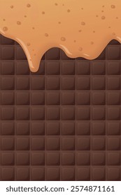 Melt salted caramel pouring on chocolate bar pattern vertical background graphic illustration.