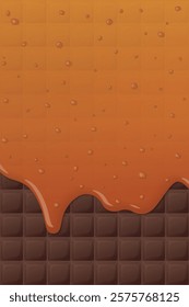 Melt salted caramel pouring on chocolate bar pattern vertical background graphic illustration.