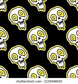 Melt skull head with smile face in the eyes, seamless pattern background illustration for t-shirt, sticker, or apparel merchandise. With doodle, retro, and cartoon style.