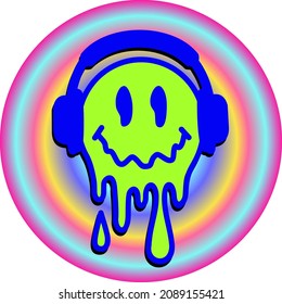 Melt Smile. 60s, 70s, psychedelic music concept. Cool single musical emoticon with headphones. Sticker. Streetwear Design Component. Funny psychedelic surreal flex melt smile face.