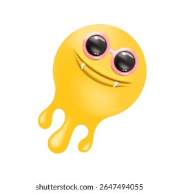 Melt Smile Character Vector, Cool Yellow Melting Face with Round Sunglasses, Sharp Teeth, Pink Outline, Funny Graphic Design, Unique Emblem, Summer Theme Art, Sticker Label Icon Mascot