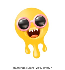 Melt Smile Character Vector, Cool Yellow Melting Face with Round Sunglasses, Sharp Teeth, Pink Outline, Funny Graphic Design, Unique Emblem, Summer Theme Art, Sticker Label Icon Mascot