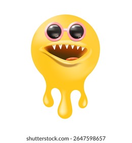 Melt Smile Character Vector, Cool Yellow Melting Face with Round Sunglasses, Sharp Teeth, Pink Outline, Funny Graphic Design, Unique Emblem, Summer Theme Art, Sticker Label Icon Mascot