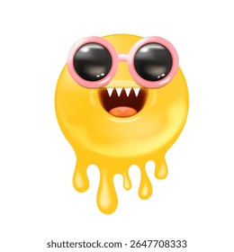 Melt Smile Character Vector, Cool Yellow Melting Face with Round Sunglasses, Sharp Teeth, Pink Outline, Funny Graphic Design, Unique Emblem, Summer Theme Art, Sticker Label Icon Mascot