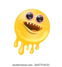 Melt Smile Character Vector, Cool Yellow Melting Face with Round Sunglasses, Sharp Teeth, Pink Outline, Funny Graphic Design, Unique Emblem, Summer Theme Art, Sticker Label Icon Mascot