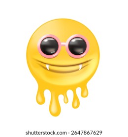 Melt Smile Character Vector, Cool Yellow Melting Face with Round Sunglasses, Sharp Teeth, Pink Outline, Funny Graphic Design, Unique Emblem, Summer Theme Art, Sticker Label Icon Mascot