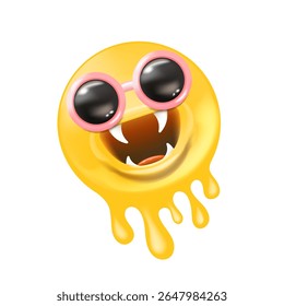 Melt Smile Character Vector, Cool Yellow Melting Face with Round Sunglasses, Sharp Teeth, Pink Outline, Funny Graphic Design, Unique Emblem, Summer Theme Art, Sticker Label Icon Mascot