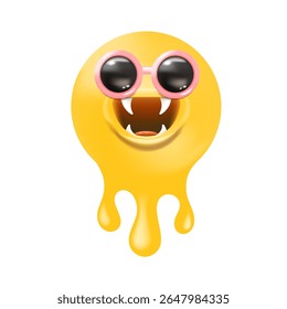 Melt Smile Character Vector, Cool Yellow Melting Face with Round Sunglasses, Sharp Teeth, Pink Outline, Funny Graphic Design, Unique Emblem, Summer Theme Art, Sticker Label Icon Mascot