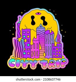 Melt Smile Face And Big City Landscape T-shirt Print. City Trip Quote. Vector Cartoon Illustration. Melt Smile Smiley Face,city,trip,trippy,lsd,acid Print For T-shirt,poster,sticker,logo Concept
