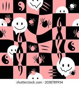 Melt smile face,check grid,spider seamless pattern.Vector hand drawn doodle cartoon illustration. Melting, techno, acid, trippy,cells, spiders, tribal,Yin Yang seamless pattern wallpaper print concept