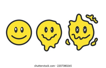 Melt smile faces set  Acid rave style  Psychedelic positive emoji  Vectror illustration
