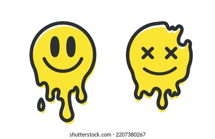 Melt smile faces set. Acid rave style. Psychedelic positive emoji. Vectror illustration