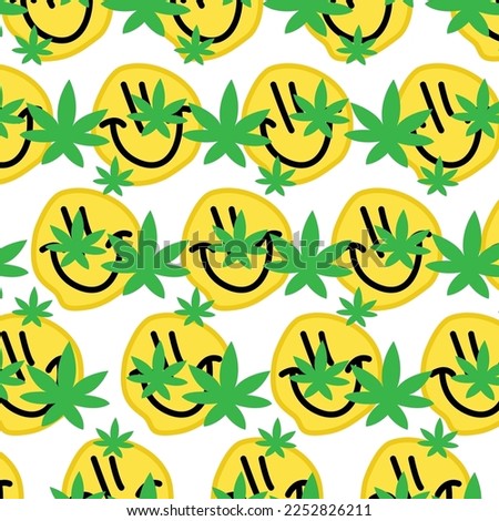 melt smile face,weed cannabis leaf seamless pattern.Vector graphic illustration.Psychedelic melting grid,distortion,techno,marijuana,weed seamless pattern print
