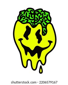 Melt smile and open brain. Streetwear design component. Brain on top of opened human head, unlocked brain concept. vector illustration