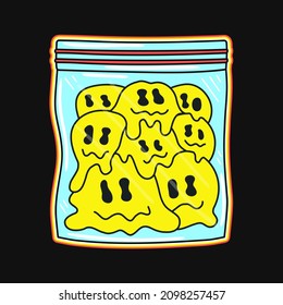 Melt Smile Smiley Face In Plastic Zip Bag. Vector Hand Drawn Doodle Line Cartoon Illustration. Acid,psychedelic Trippy Smiley Face,smile Emoji,drugs,lsd Print For T-shirt, Poster,sticker Concept