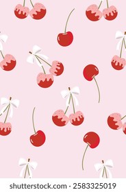 Melt white chocolate on red cherry with rain bow sprinkles on top.Vector seamless pattern. 