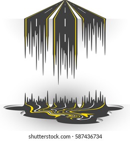 Melted asphalt road or highway abstract vector illustration, three roads cumming from far perspective and drip down into asphalt or tar pit, ripped road surrealistic scene, conceptual background.