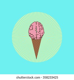 Melted  brain/ ice cream in front of sunburst, humoristic concept for the glory of stupidity. Vector illustration