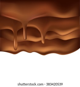 Melted brown chocolate flow down background. Chocolate syrup dripping over white background. Vector