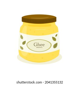 Melted butter in a glass jar in a cartoon style. Superfood. Vector on a white isolated background