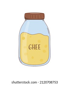 Mantequilla fundida en un frasco de vidrio al estilo de una caricatura. Supercomida. Vector en un fondo blanco aislado