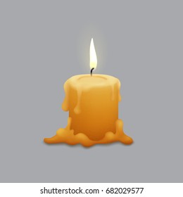 Melted Candle With Flame, Isolated Vector. Melted Wax.