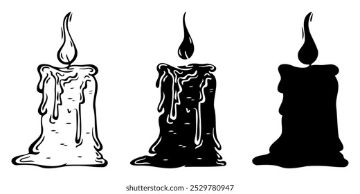 Velas derretidas, gravura, contorno preto. Vela artesanal, esboço vetorial.