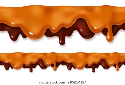 Melted caramel and chocolate sauce drip. Repeatable sweet food pattern vector illustration. Seamless drops of liquid toffee with cacao sauce isolated on white background.