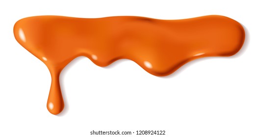 Melted caramel drop of sweet sauce isolated on white background. Orange or brown paint stains design. Vector illustration. Realistic horizontal leaking syrup dripping